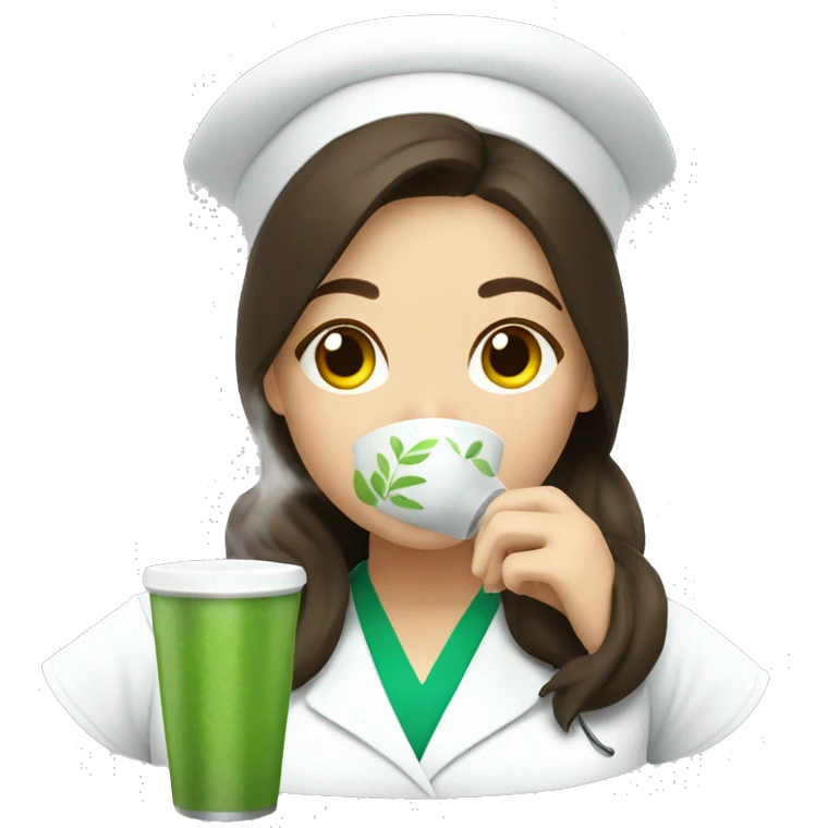 Brunette nurse drinking matcha emoji