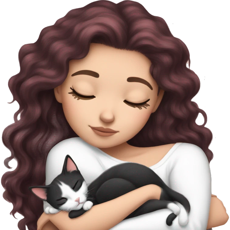 White girl ruby hair sleeping with black and white kitty emoji