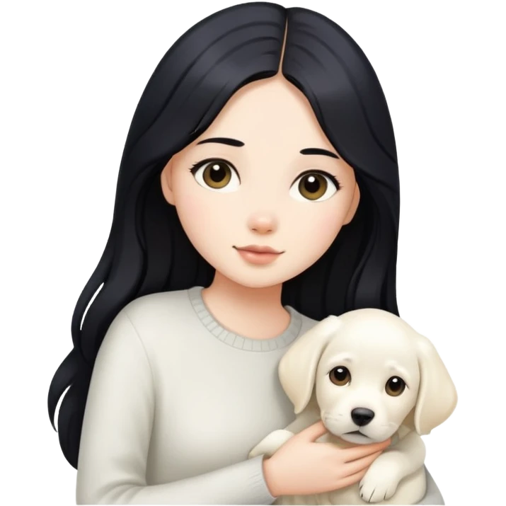 A beautiful girl with long black hair and fair skin is holding a white Labrador emoji