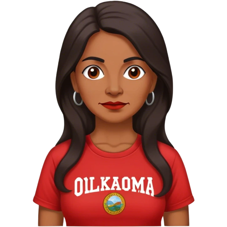 Realistic 50 year old Mexican woman long hair in a red “OKLAHOMA” t-shirt emoji