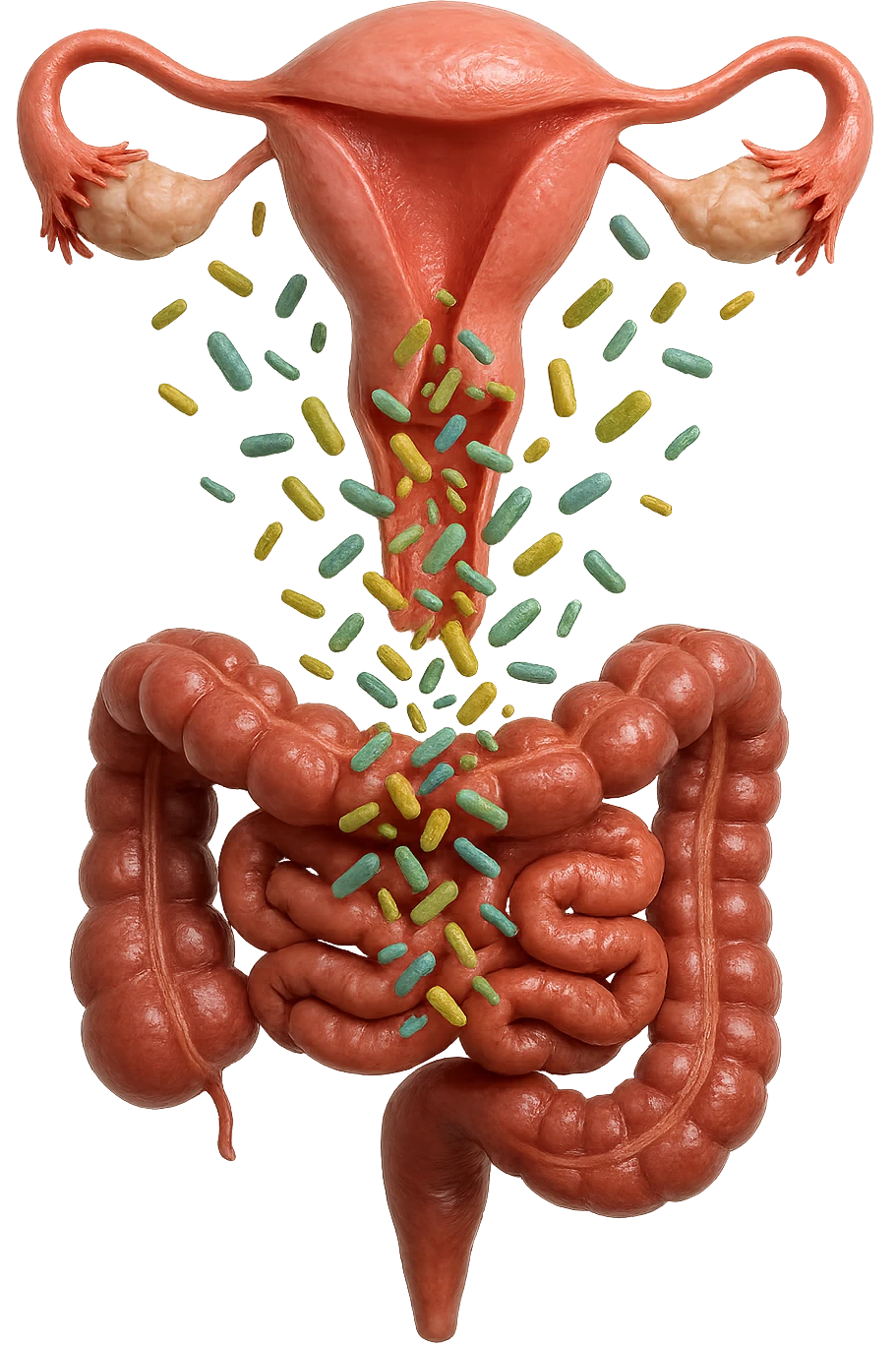 UTERO UMANO E INTESTINO ANATOMICI REALISTICI SONO UNO SOPRA ALL'ALTRO E SI PASSANO I BATTERI A VICENDA, CON BATTERI CHE ESCONO DALL'INTERNO, IPERREALISTICO 4K, NON DISEGNATO emoji