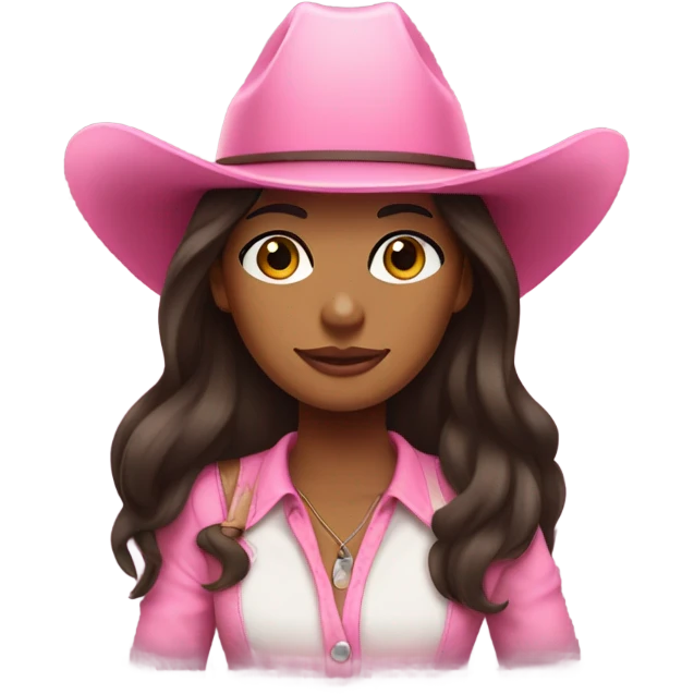 Brown girl with very long darn brown hair wearing a pink cowgirl hat emoji