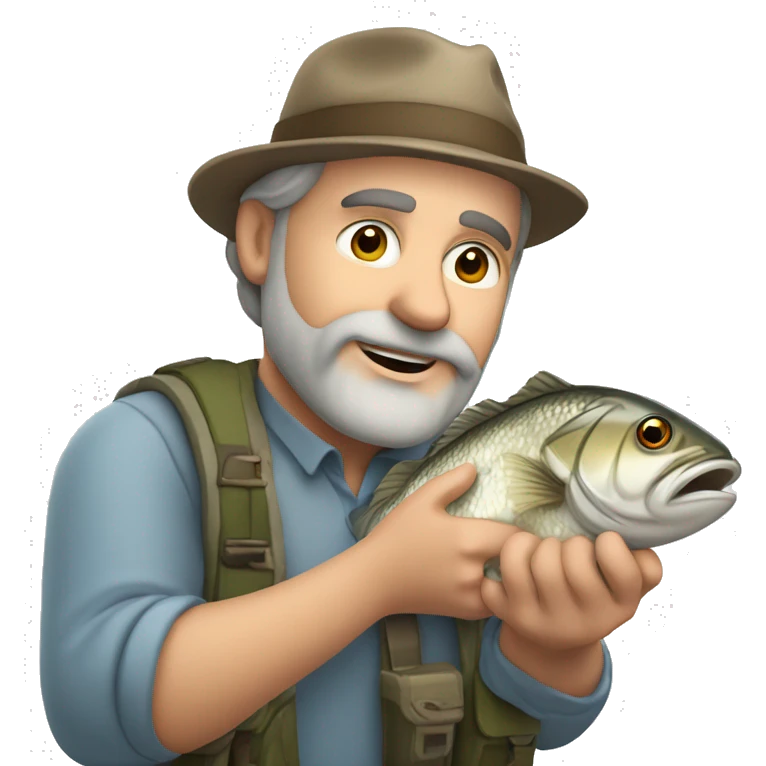 50 year old white MAN with brown hair and brown beard fishing and catching a giant fish emoji