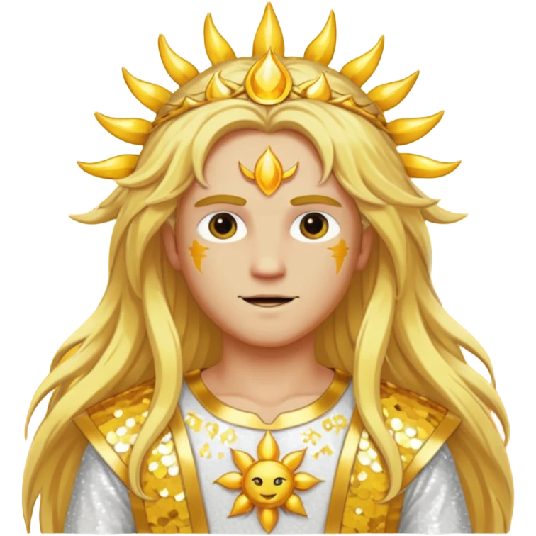 Sol, God of Sun from Gods and Goddesses with long golden blonde hair, yellow and white sequin outfit emoji
