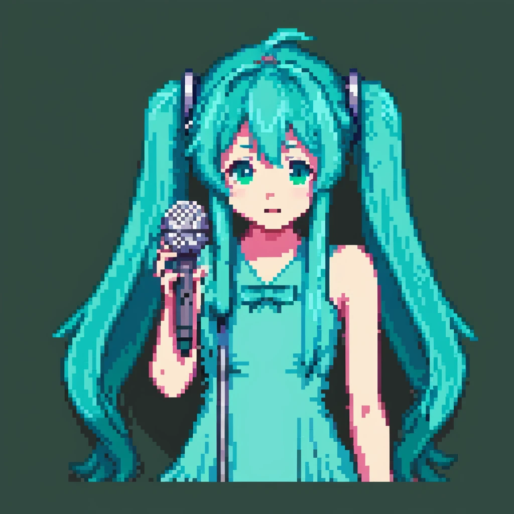 Hatsune Miku singing with a microphone, teal hair, pixel art character emoji