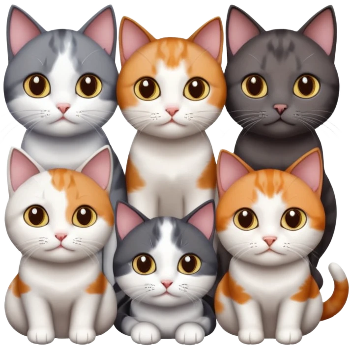 4 different coloured short haired cats including; a dark brown and white cat, and a dark grey and white, and a calico emoji
