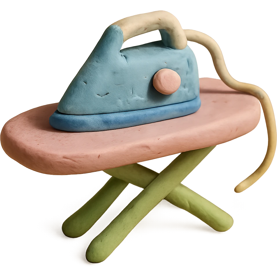 iron and ironing board in claymation style, pastel colors, visible fingerprints, soft matte finish emoji