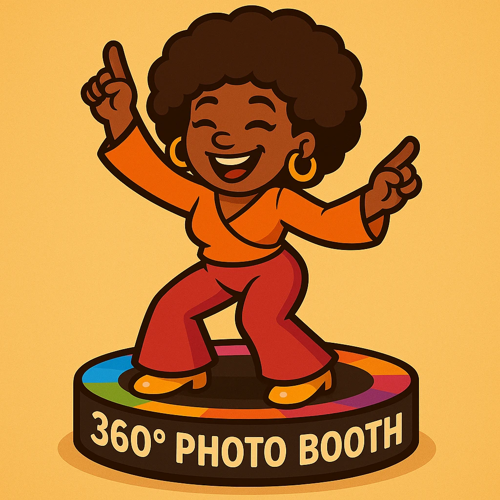 Place the disco emoji of a female African American on a 360 photo booth platform, as if she is dancing on it, in vibrant toon art style. emoji