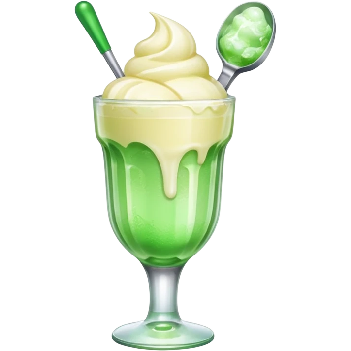 Create an emoji with a clear rounded glass, bright transparent green soda, vanilla ice cream scoop emoji