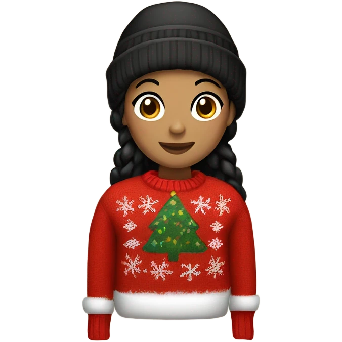 Red Christmas sweater on tan woman with black hair and a beanie  emoji