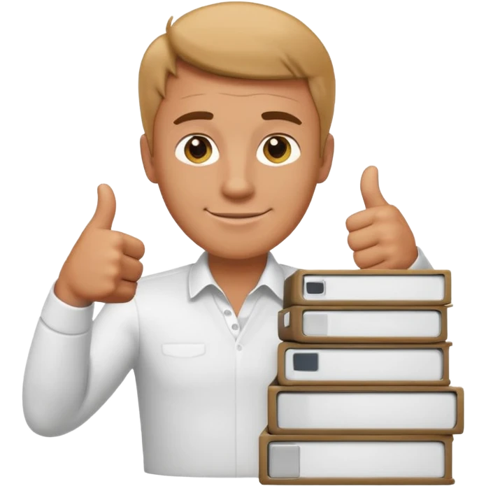 man on a stack of files, giving a thumbs up emoji emoji