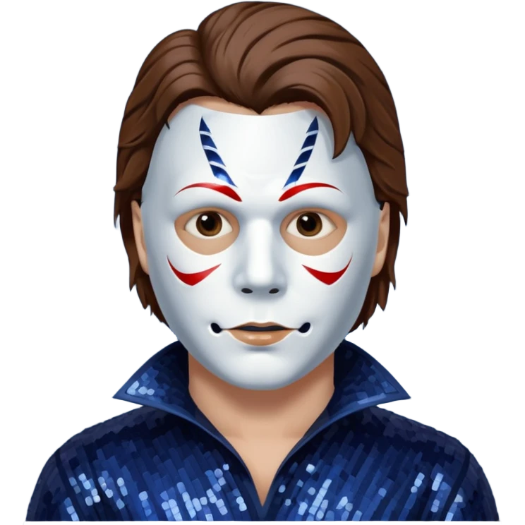 Michael Myers with white mask with brown hair, dark indigo sequin outfit  emoji