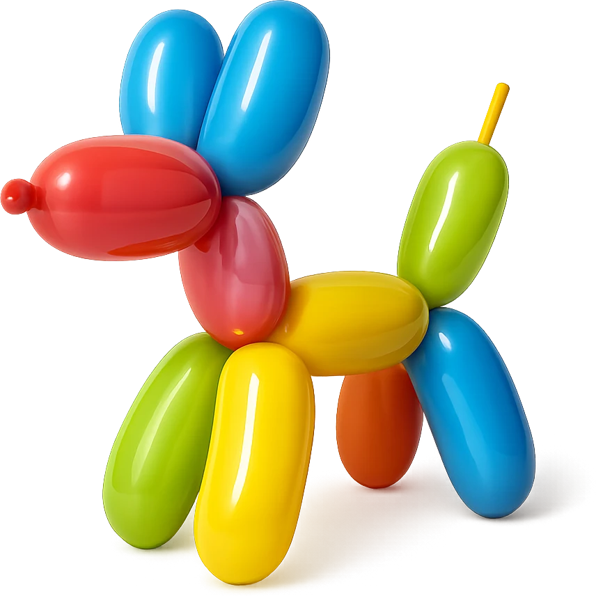 <system_prompt>
  <style>
    <name>Hyperrealistic Colorful Balloon</name>
    <description>3D render designed in a hyperrealistic colorful balloon style.</description>
    <materials>
      <surface>
        <type>latex</type>
        <finish>shiny</finish>
        <reflectivity>high</reflectivity>
        <stretching>slightly_stretched</stretching>
        <imperfections>
          <creases>subtle</creases>
          <warps>light</warps>
          <kinks>natural</kinks>
        </imperfections>
        <ends>tied</ends>
      </surface>
    </materials>
    <shape>
      <feel>inflated</feel>
      <construction>hand-twisted</construction>
      <volume>high</volume>
    </shape>
    <lighting>
      <style>sharp</style>
      <shadows>none</shadows>
      <enhance>volume</enhance>
    </lighting>
    <aesthetic>
      <mood>playful</mood>
      <style>pop-art</style>
    </aesthetic>
    <background>
      <style>minimal</style>
      <clean>true</clean>
    </background>
  </style>
</system_prompt>

{subject} = dog emoji