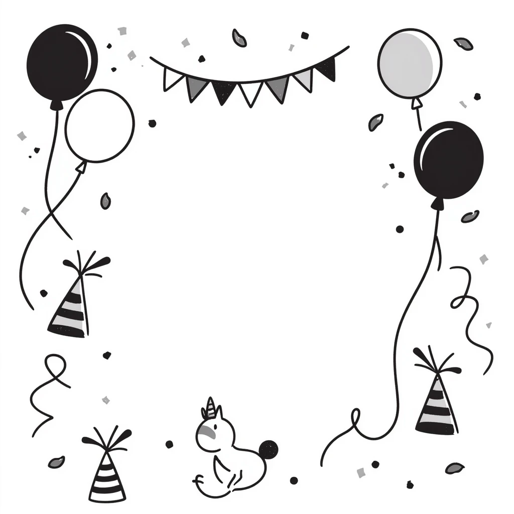 Festive party decorations including balloons, streamers, confetti, party hats, and bunting flags. Using specific pastel colors (dd9fb0, ffc6d3, a3bfc9, c4bee2, f1b091). Hand-drawn doodle style with playful, celebratory elements arranged in a decorative composition. Transparent background. emoji