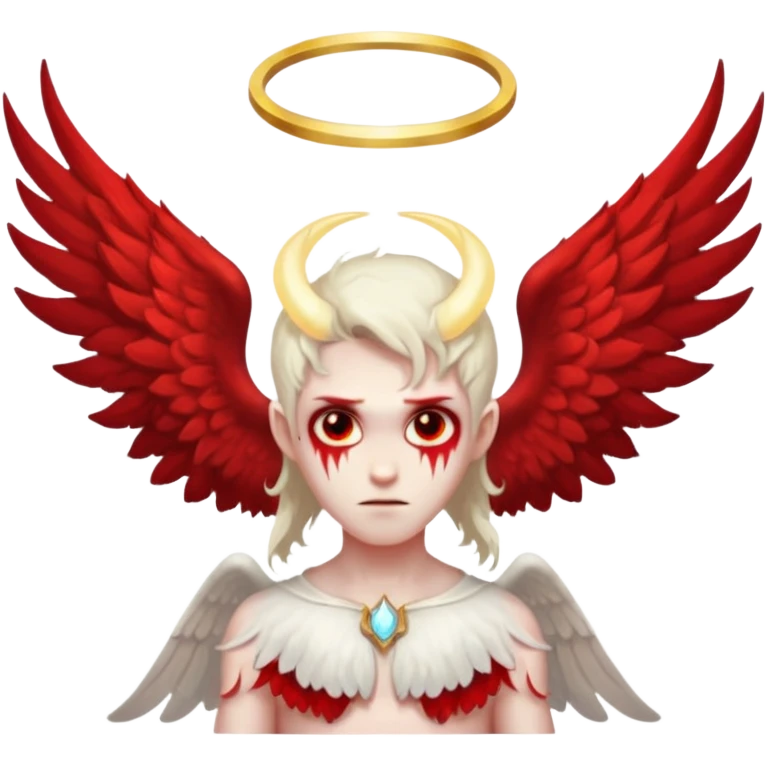 half demon half angel character split down the middle one side angelic with halo white wing glowing other side demonic with horn red wing dark aura emoji