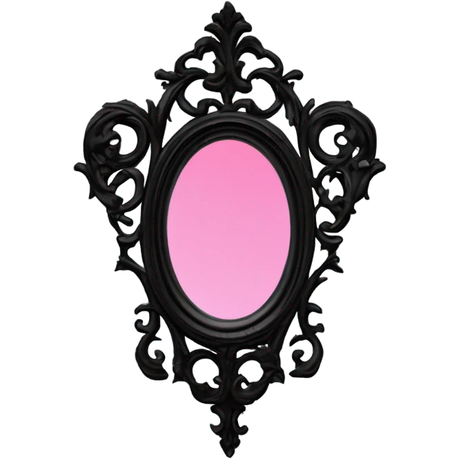 "Design a Victorian Gothic mirror with an ornate black frame featuring scrollwork and filigree. Include accents of dark red and burnt pink. The mirror glass should be gray, creating a mysterious and somber look." emoji