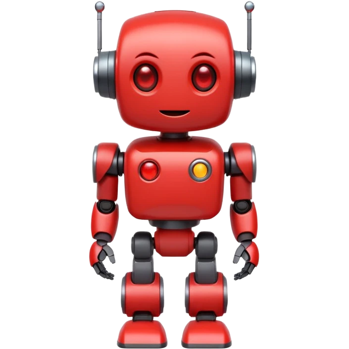 cute red mini robot mascot with a large white play button on its chest, rounded body, glowing eyes, small arms and legs, friendly and helpful expression, futuristic but adorable, flat emoji-like character emoji