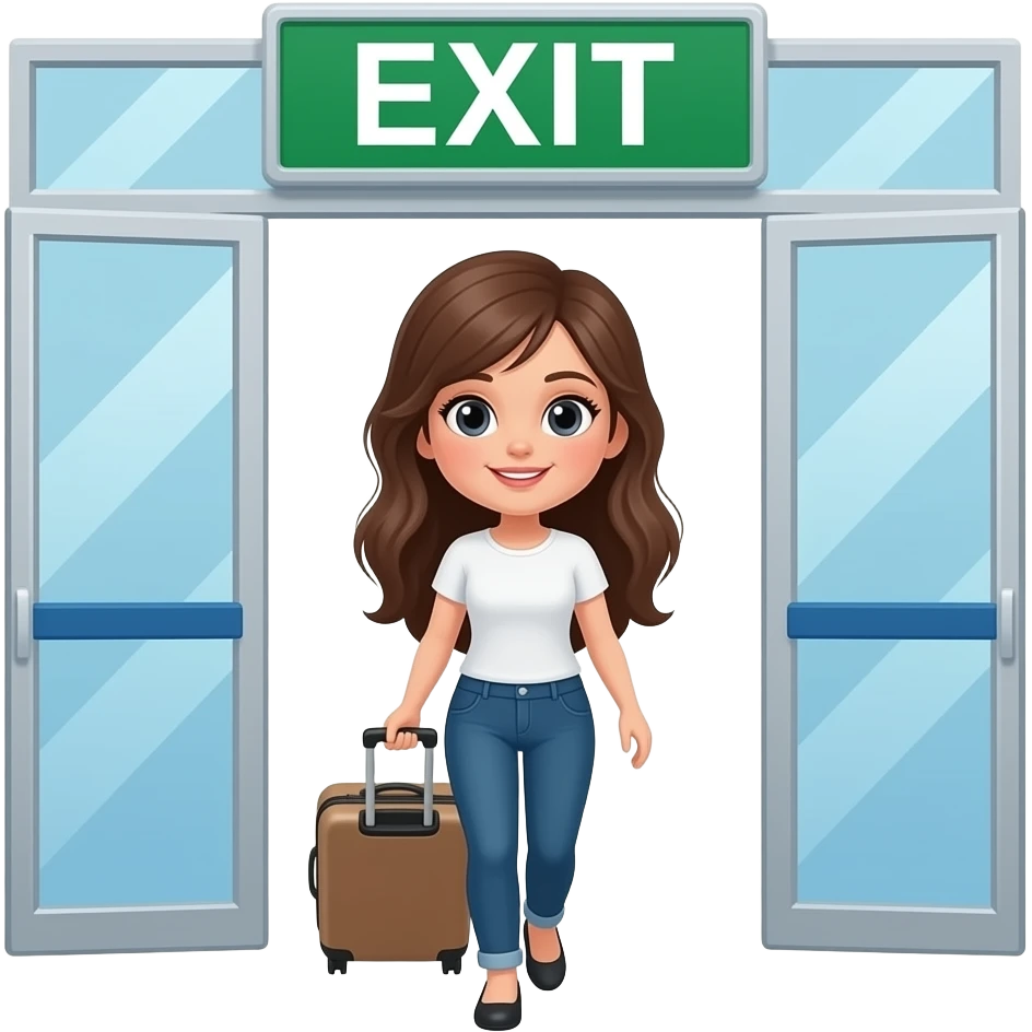 girl exiting airport with suitcase in her hand the word exit above her emoji