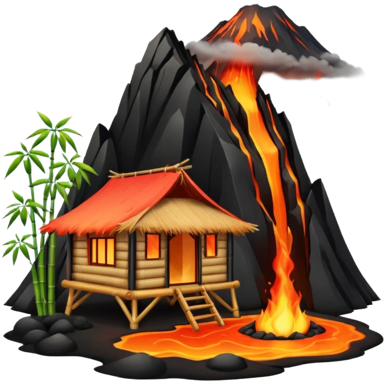 bamboo hut front of the volcano lava flowing emoji