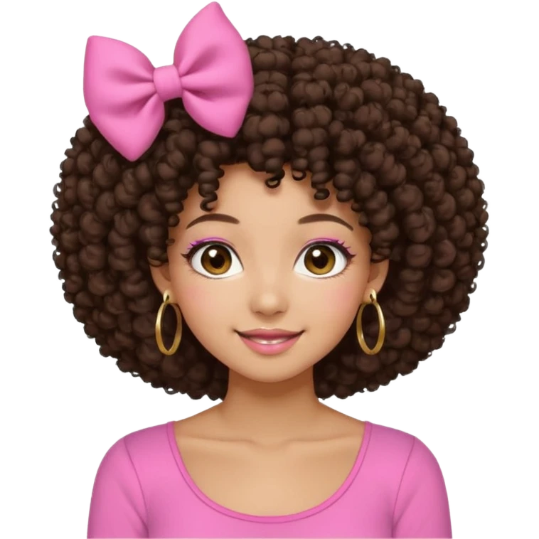 Naturally tan skin girl short darkBrown curly afropink shirt very long lashes hoop gold earrings Brown eyes gyaru smiling closed mouth cute non perfect circular afro. Pink bow hairclip emoji
