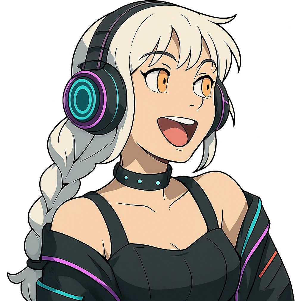 she is listening to music in headphones and JAMMIN!, a closeup portrait of young woman with gold yellow eyes, white hair, long braid, black off-shoulder top d-cup, punk gothic style, futuristic cyberwave cyberpunk,  emoji