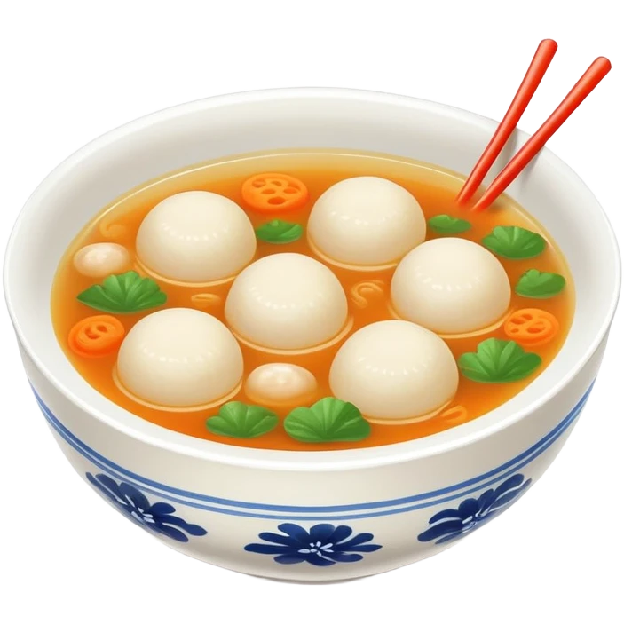 Fujian fish ball soup with clear broth in bowl, simplified emoji style with bold outlines and bright colors, cartoon style Southern Chinese breakfast Yu Wan Tang emoji