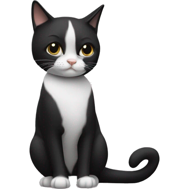 A tuxedo cat with a mostly black coat has a white patch from her bottom lip down her belly. She has a small black splotch on her chin and a tiny white mustache under her black nose. emoji