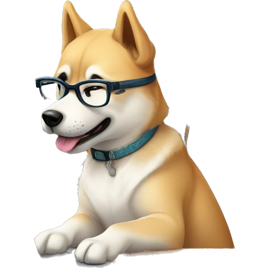 A cute Jindo dog from Korea wearing glasses and sitting at a desk, studying WordPress on a laptop. The dog has a determined expression. The background shows Korean-style room decor. Digital art style, vibrant colors, detailed illustration. emoji