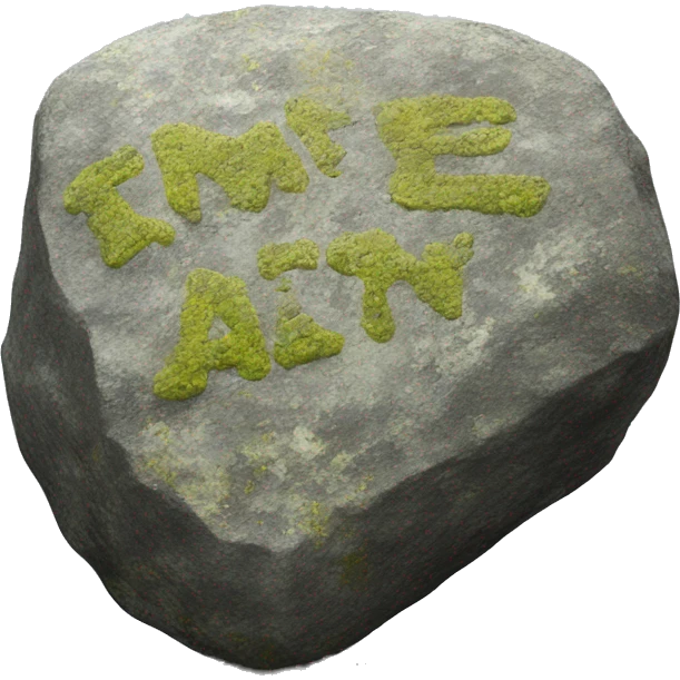 large rock with engraved words covered in lichen emoji