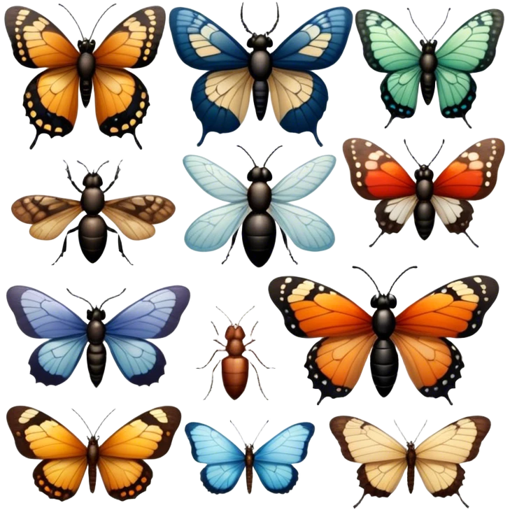 Close-up of various home insects, such as beetles, ants, and butterflies, showcasing their intricate details, wings, and body structures. Soft lighting accentuates their features. Transparent background. emoji