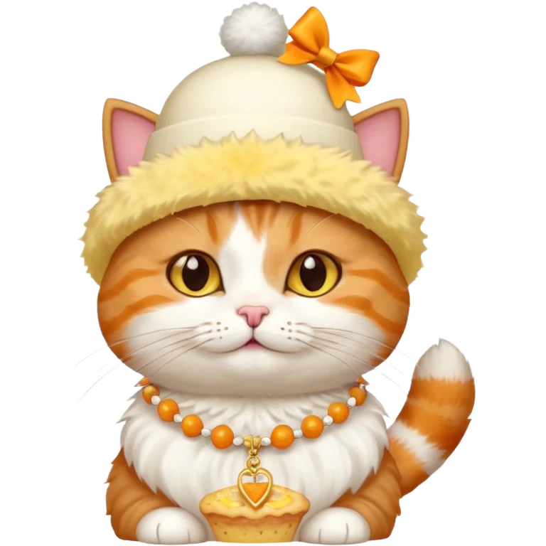 cat wearing a creamy cake hat with fun necklace around his neck and a yellow bow in the middle emoji