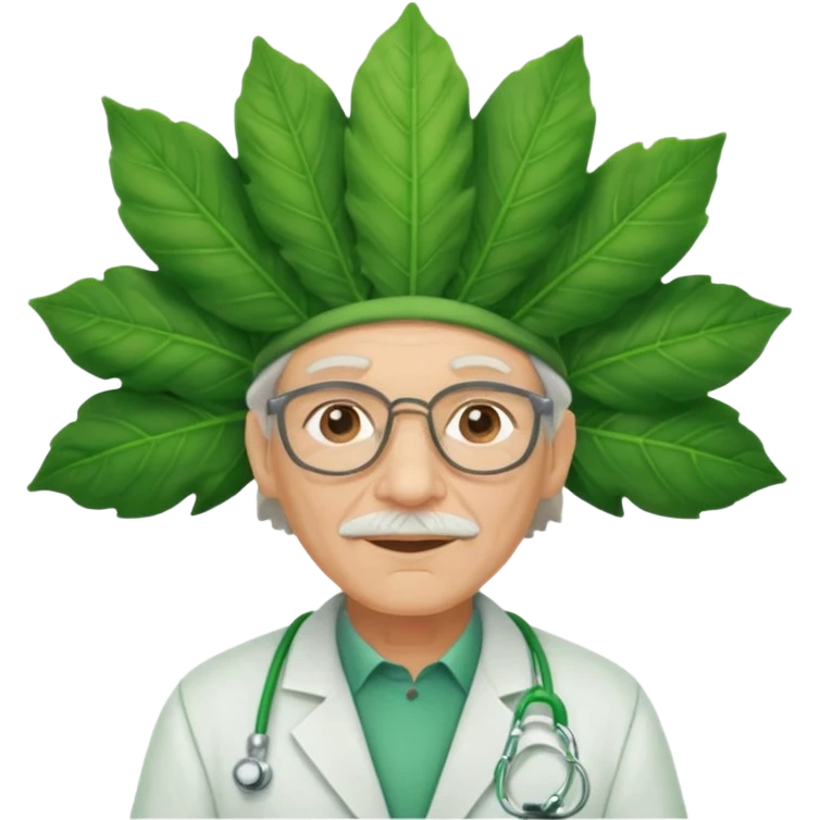 an scientist man wearing a large leaf headgear bye  emoji