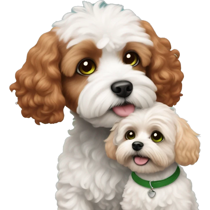 red haired girl with green eyes with her black land white Maltipoo dog emoji