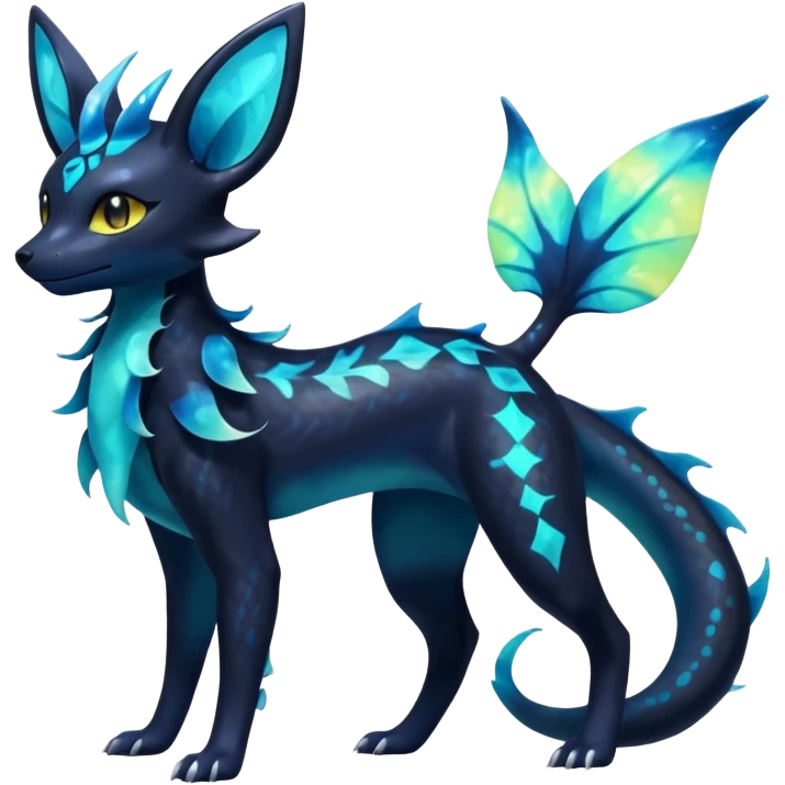 Shiny Aural Iridescent Fluorescent Bioluminescent Umbreon-Amaura-Salandit-Vaporeon-Fakémon-fusion (full body) emoji