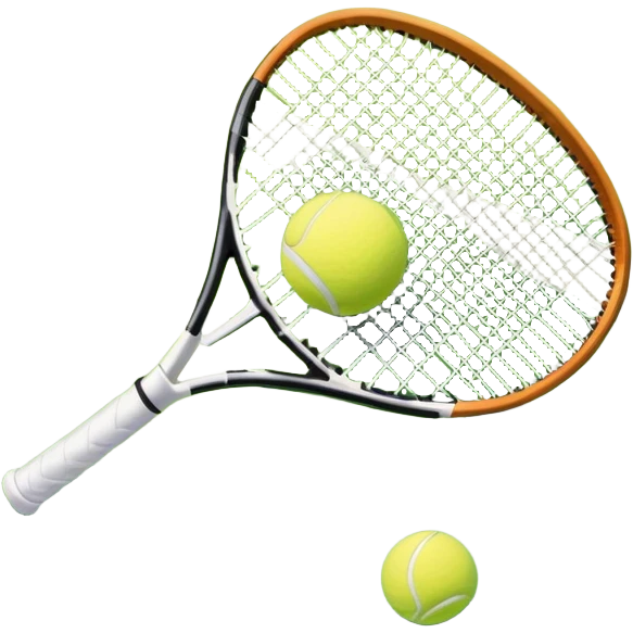 A tennis racket and ball positioned on a grass court, with the net and lines clearly visible in the background. The scene emphasizes the classic elements of the sport, capturing the energy and precision of a tennis match. emoji