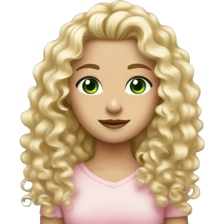 Dirty blonde curly hair, fair skin, green eyed blonde girl wearing light pink emoji