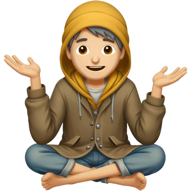 beggar who is also a homeless person poor with damaged clothing but happy face emoji