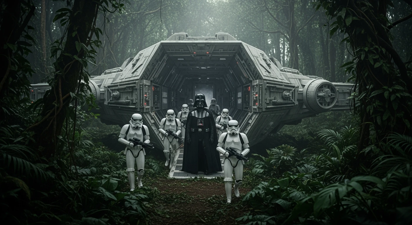 cinematic still, Medium shot, amazon jungle, Darth Vader around stormtroopers coming out from starship on ground, they are exploring the jungle, inspired by StarWars movie, captured by arri alexa emoji