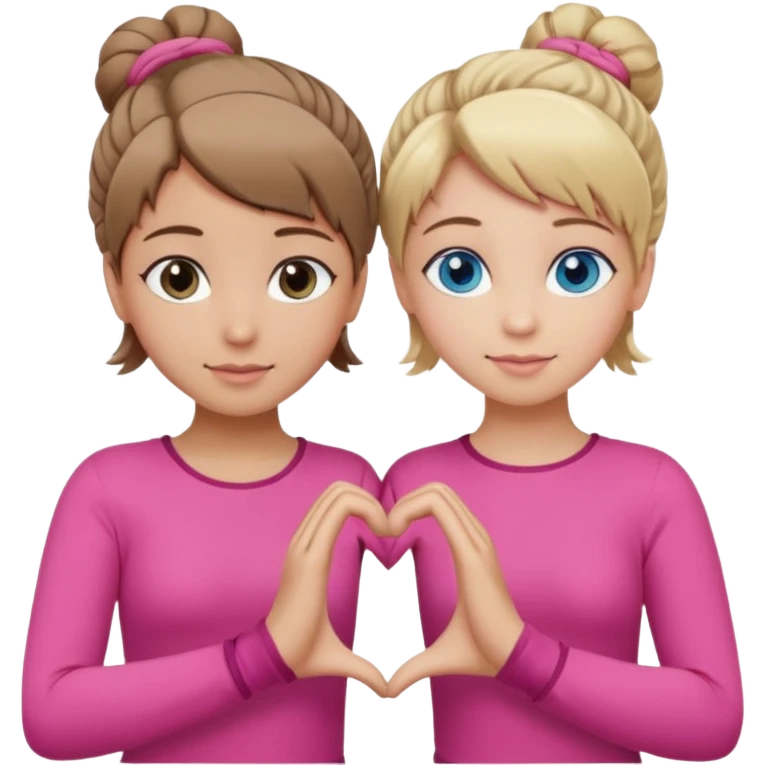 Two best friends making a heart shape with their hands together. One of them has blond hair which is shorter and the other has brown hair tied up. They are both wearing pink outfits. They both have blue eyes  emoji