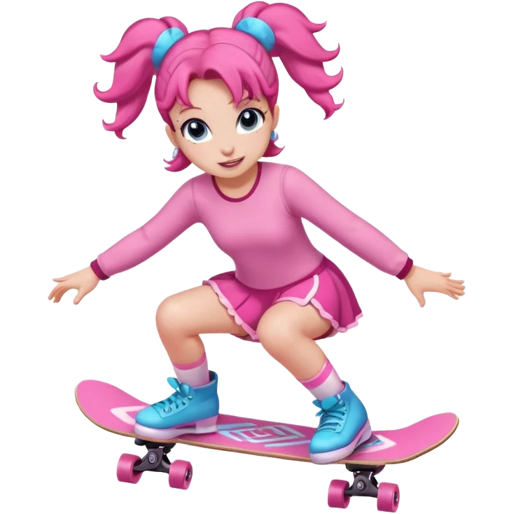 Cute skater girl pinkie pie with two buns and pink outfit, gliding with playful energy. emoji
