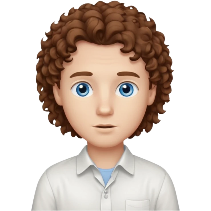 White boy with blue eyes and brown semi long hair with a White shirt without a side part, curly hair emoji