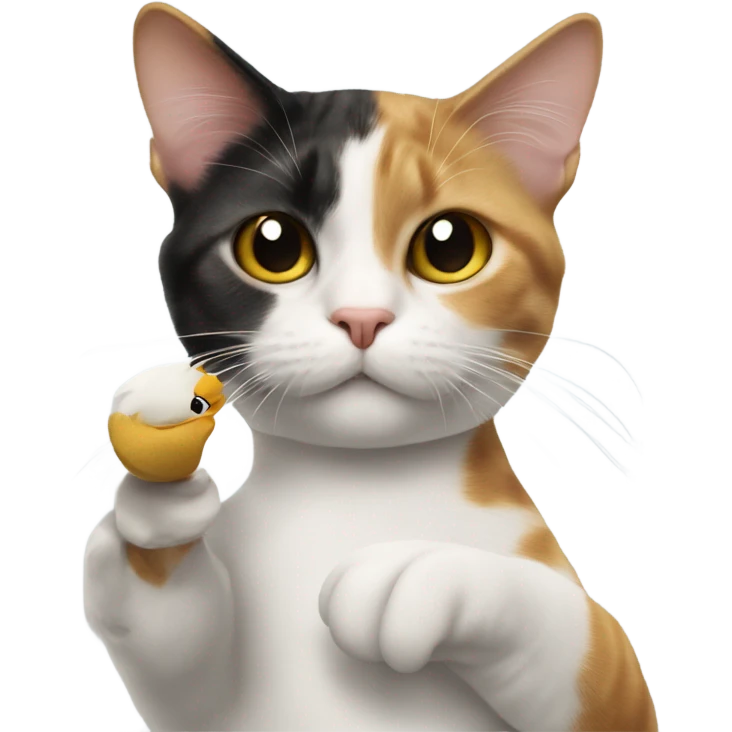 Calico cat holding up a peace sign and having duck lips emoji