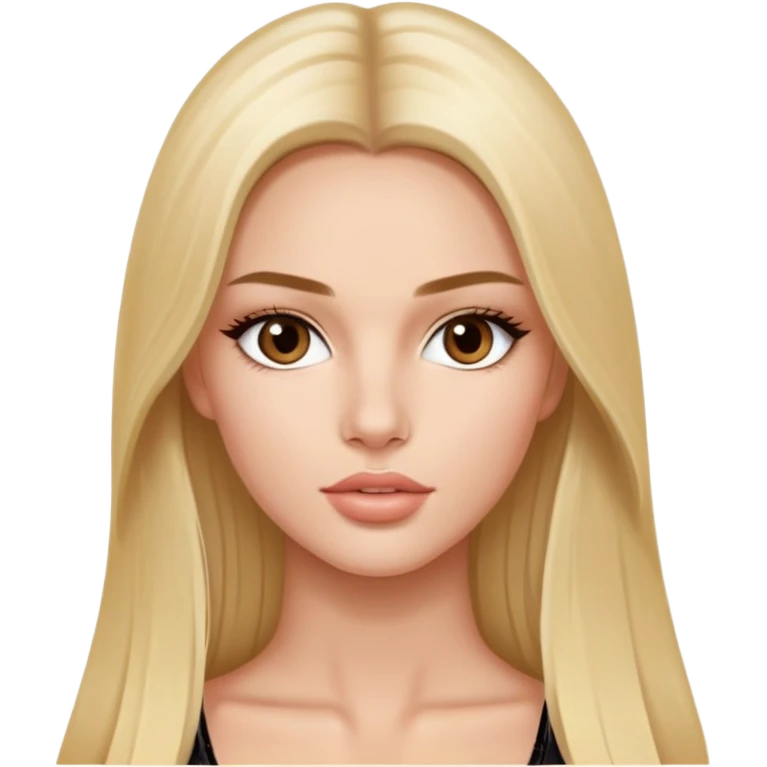 victoria’s secret model with long blonde straight hair, dark brown almond eyes, face oval shape, small lips emoji