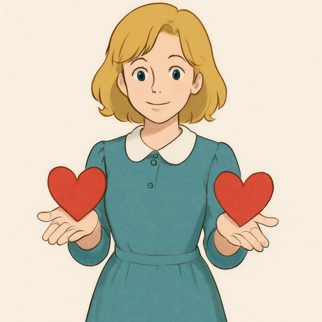 teacher with blond hair, wearing a dress, holding red hearts, white background emoji