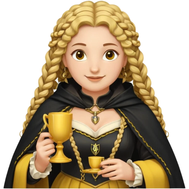 Helga Hufflepuff, 2 curly thick brown braids, yellow-black medieval dress, black cloak decorated with gold braiding, tiny two-handled shiny yellow-gold cup, very kind smile, curvy busty sweet woman, thick rosy cheeks emoji
