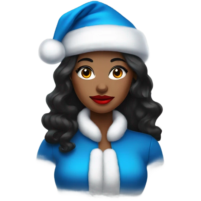 Black haired lady with bright red lipstick and blue eye shadow.  Wearing a Santa hat emoji