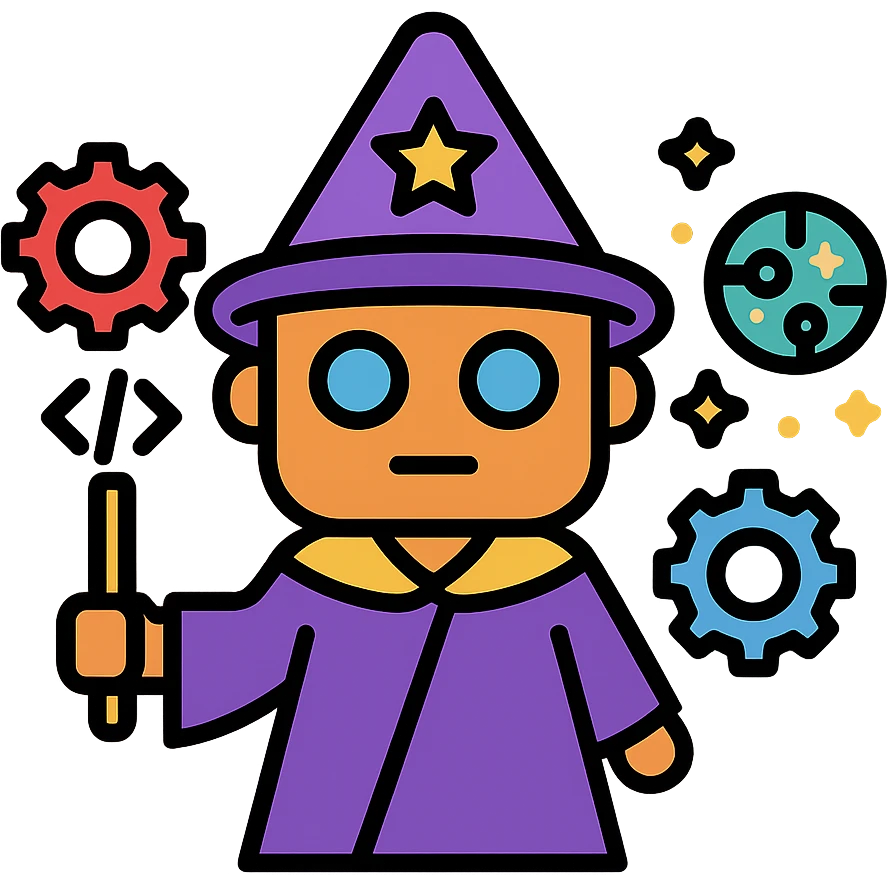 vector illustration of a mini AI wizard with floating gears, a wand made of code, sparks of automation magic coming out of a circuit orb, clean lines, modern tech aesthetic, suitable for branding emoji