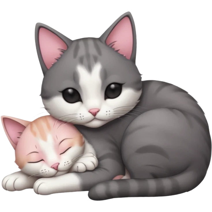 dark grey and white small cat with eyes closed, leaning his head on his paw while leaning on his elbow lying down emoji