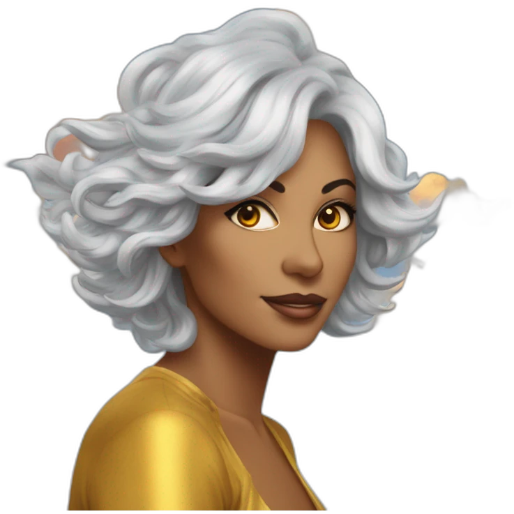 1milf, Silver hair, Gold eyes, colorful, autumn, cumulonimbus clouds on derrière Print emoji