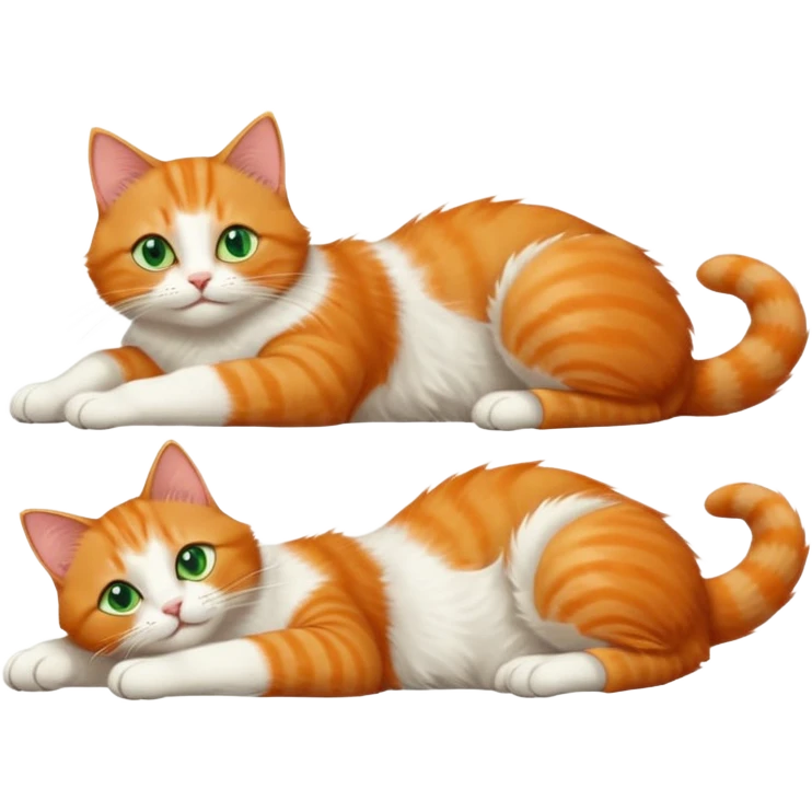 ginger and white cat with green eyes doing a big extremely long stretch reaching up into the air with arms and legs side by side together straight and overextended whilst lying on its side emoji